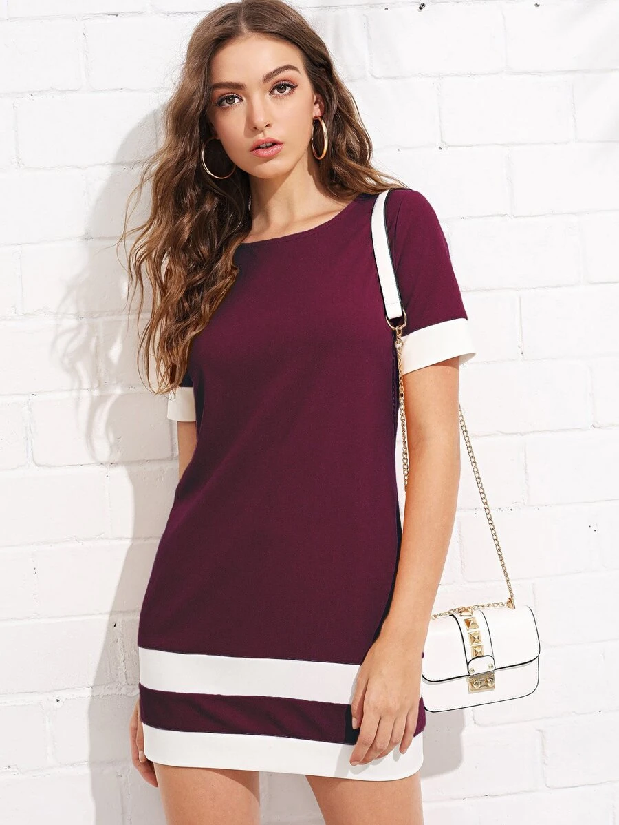 SHEIN LUNE Colour Block Stripe Shift Dress - Maroon - View 1