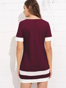 SHEIN LUNE Colour Block Stripe Shift Dress - Maroon - View 2