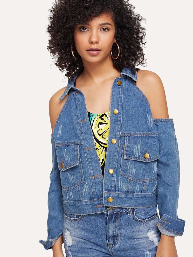 

Open-Shoulder Button Front Denim Top, Blue