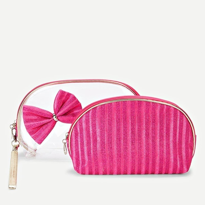 

Bow Embellished Striped Makeup Bag 2pcs, Pink
