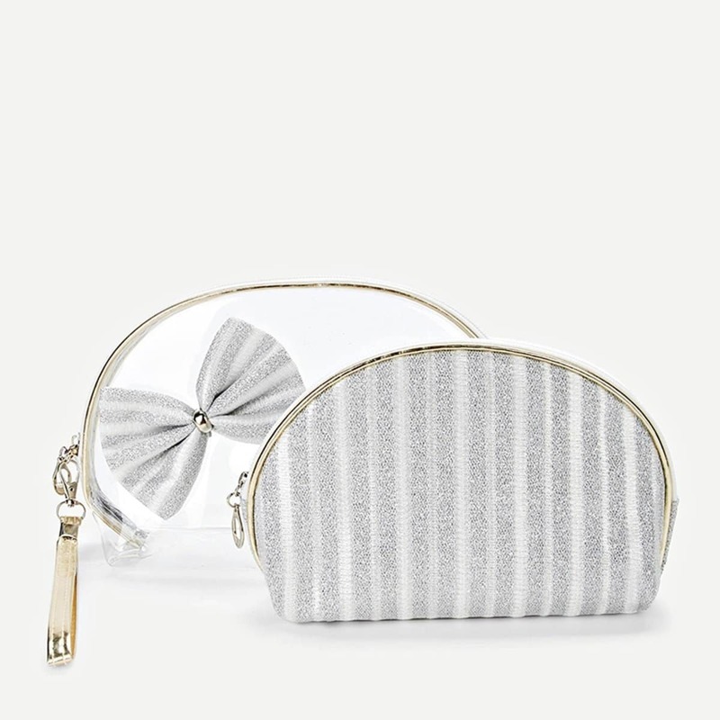 

Bow Embellished Striped Makeup Bag 2pcs, Silver