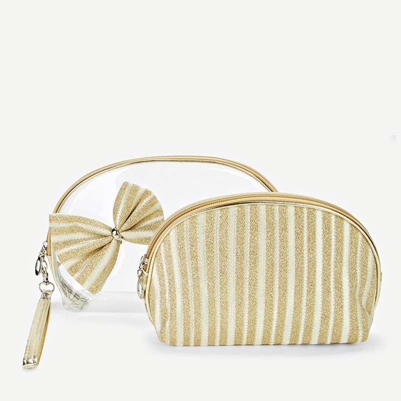 

Bow Embellished Striped Makeup Bag 2pcs, Gold