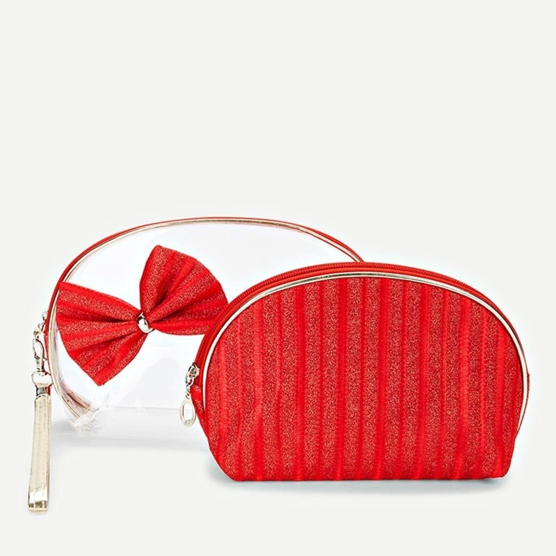 

Bow Embellished Striped Makeup Bag 2pcs, Red