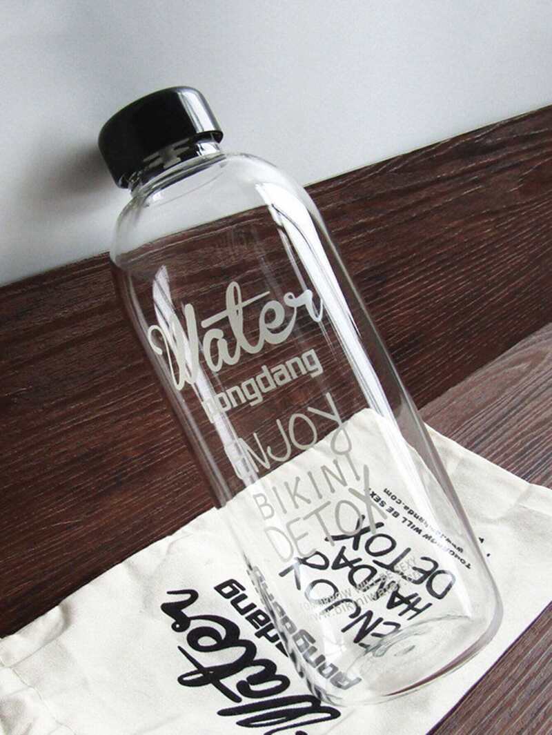 

Slogan Print Bottle 1000ml With Linen Cover, Black and white