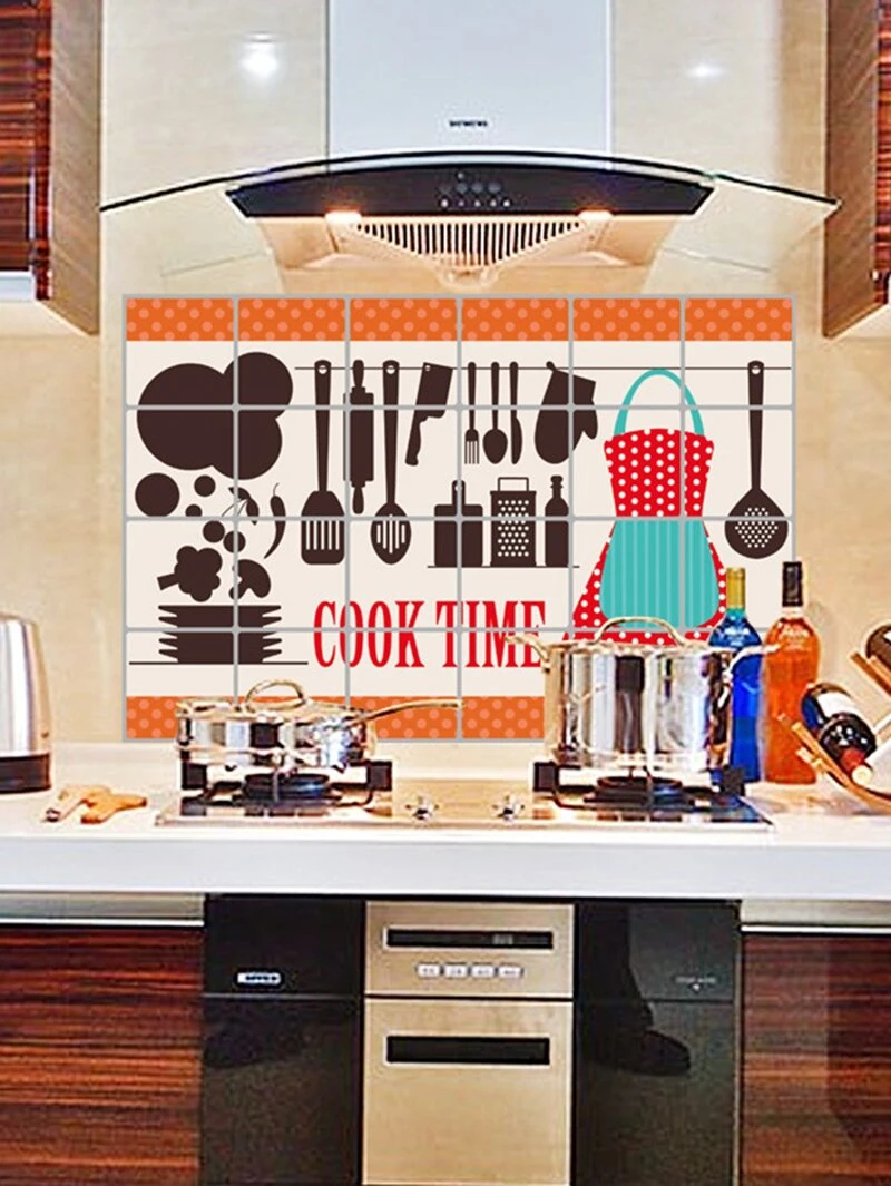 Autocollant Mural Anti Huile à Motif Doutils De Cuisine Romwe