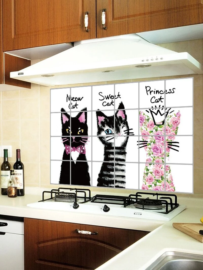 Autocollant Mural Anti Huile à Motif De Chat Romwe