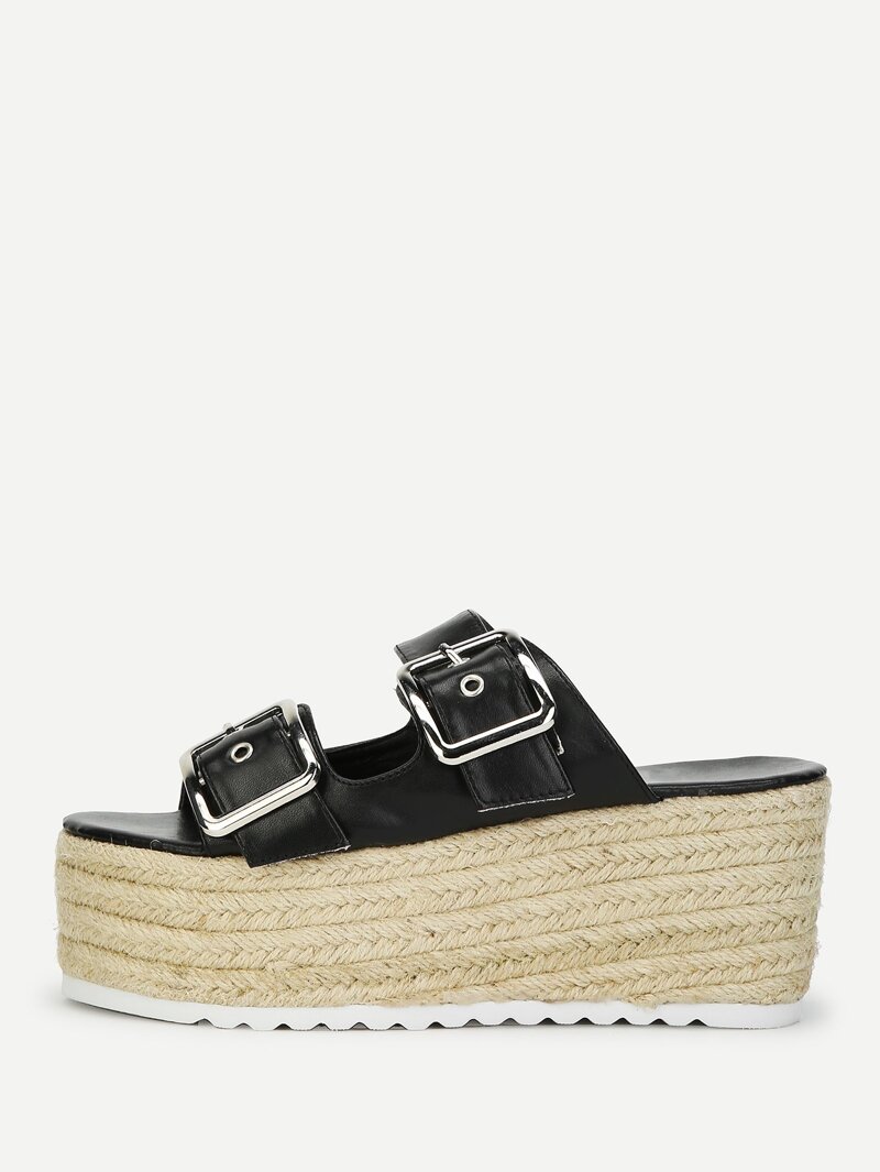 

Double Buckle Design Woven Wedges, Black