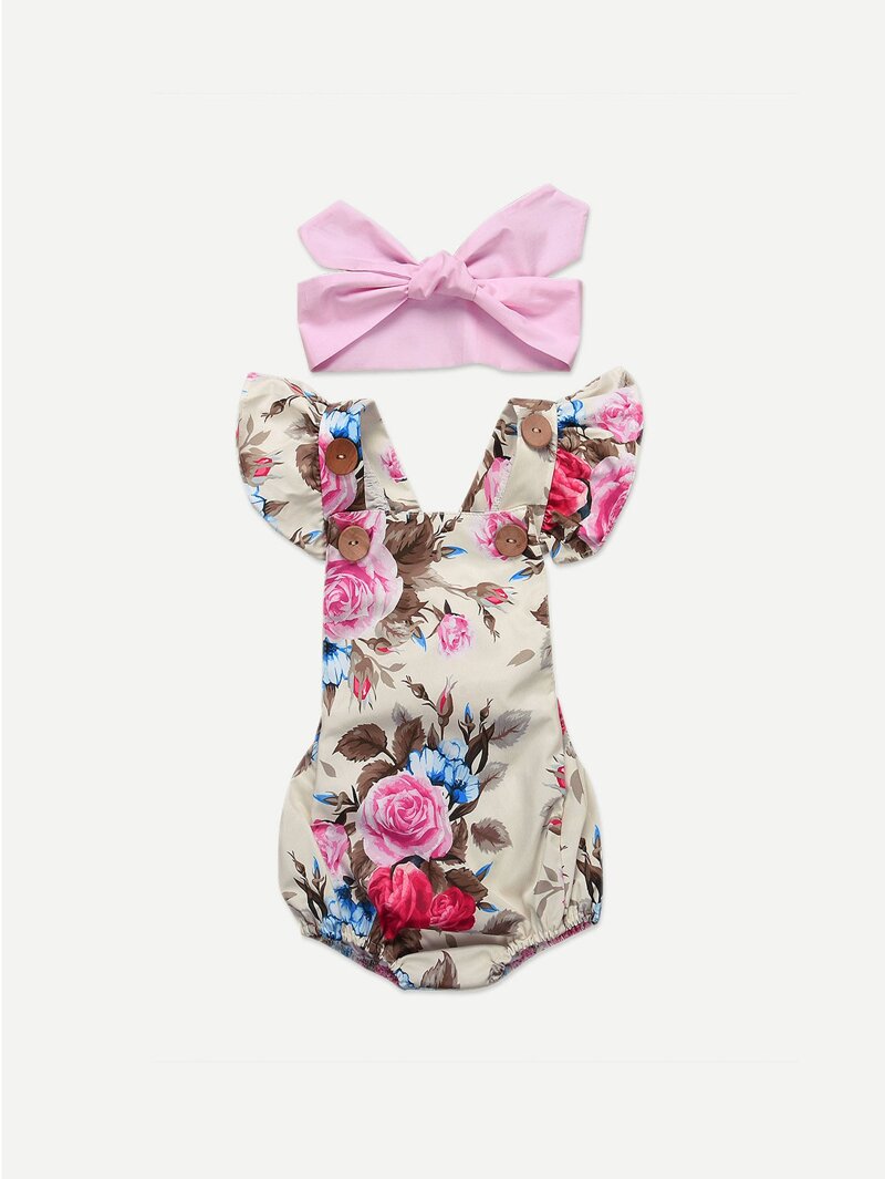 

Girls Ruffle Trim Floral Print Romper With Headband, Multicolor