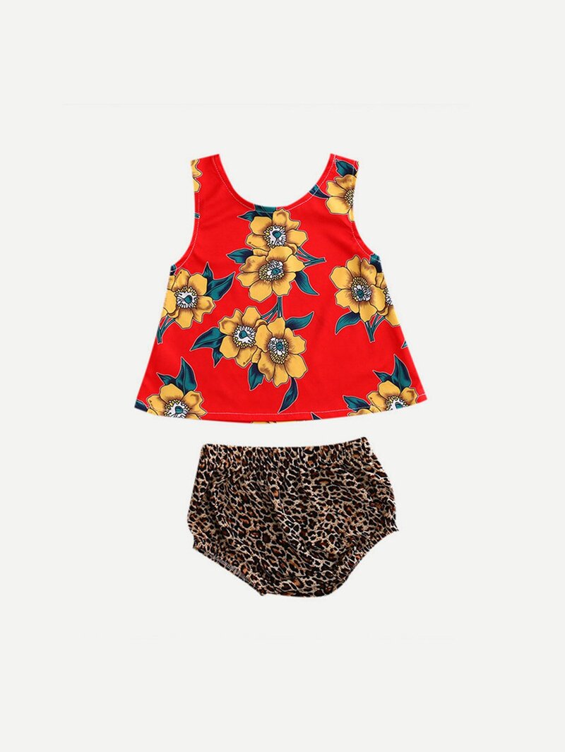 

Girls Floral Print Vest With Leopard Print Shorts, Red