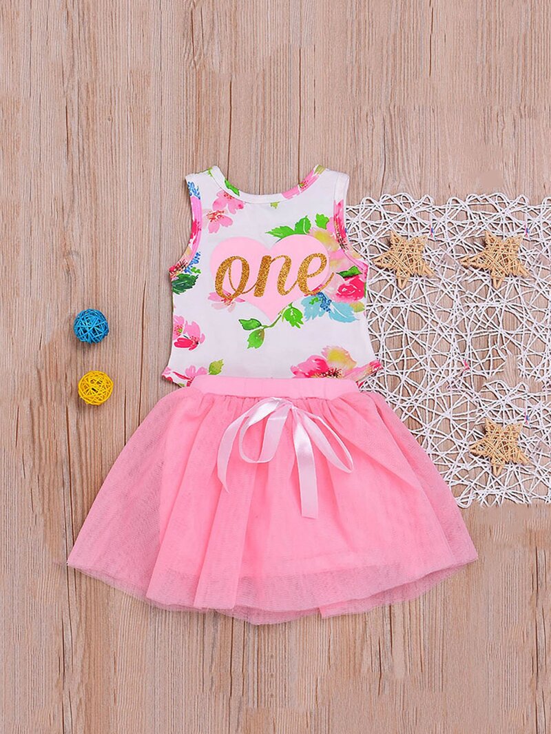 

Girls Letter Print Vest With Bow Detail Mesh Skirt, Multicolor