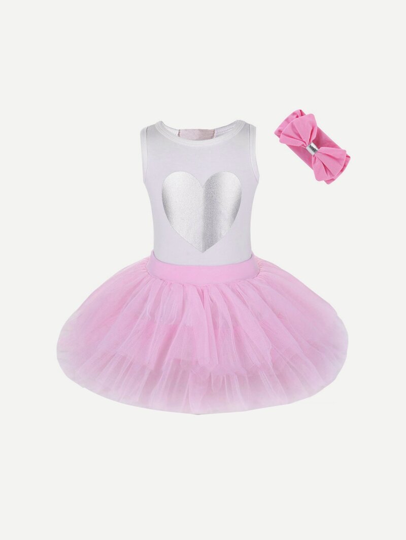 

Girls Geometric print Vest & Mesh Skirt & Headband, Multicolor