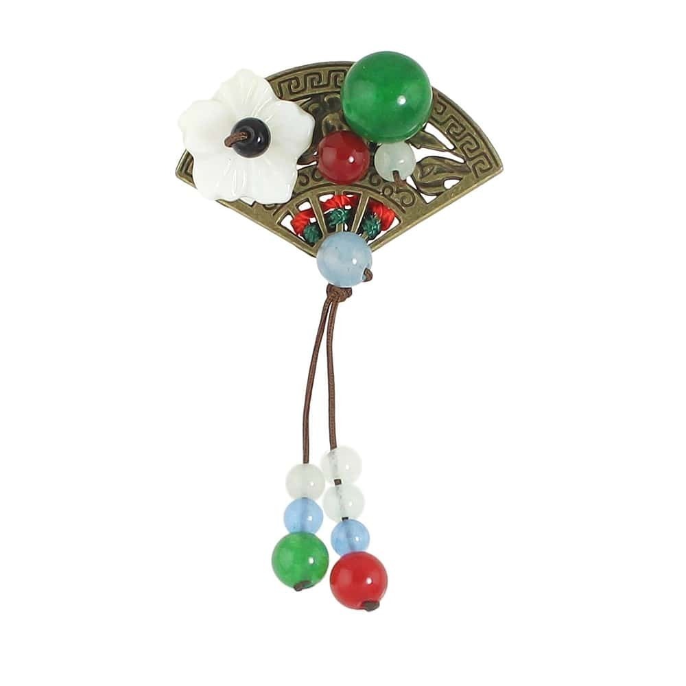 

Antique Gold Colorful Beads Fan Shape Brooch, Multicolor