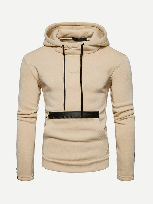 men zip decoration plain hooded sweatshirt