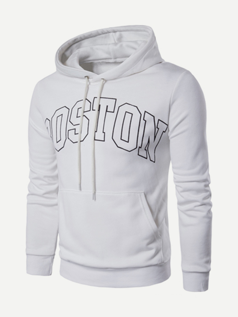 

Men Letter Print Hooded Sweatshirt, White