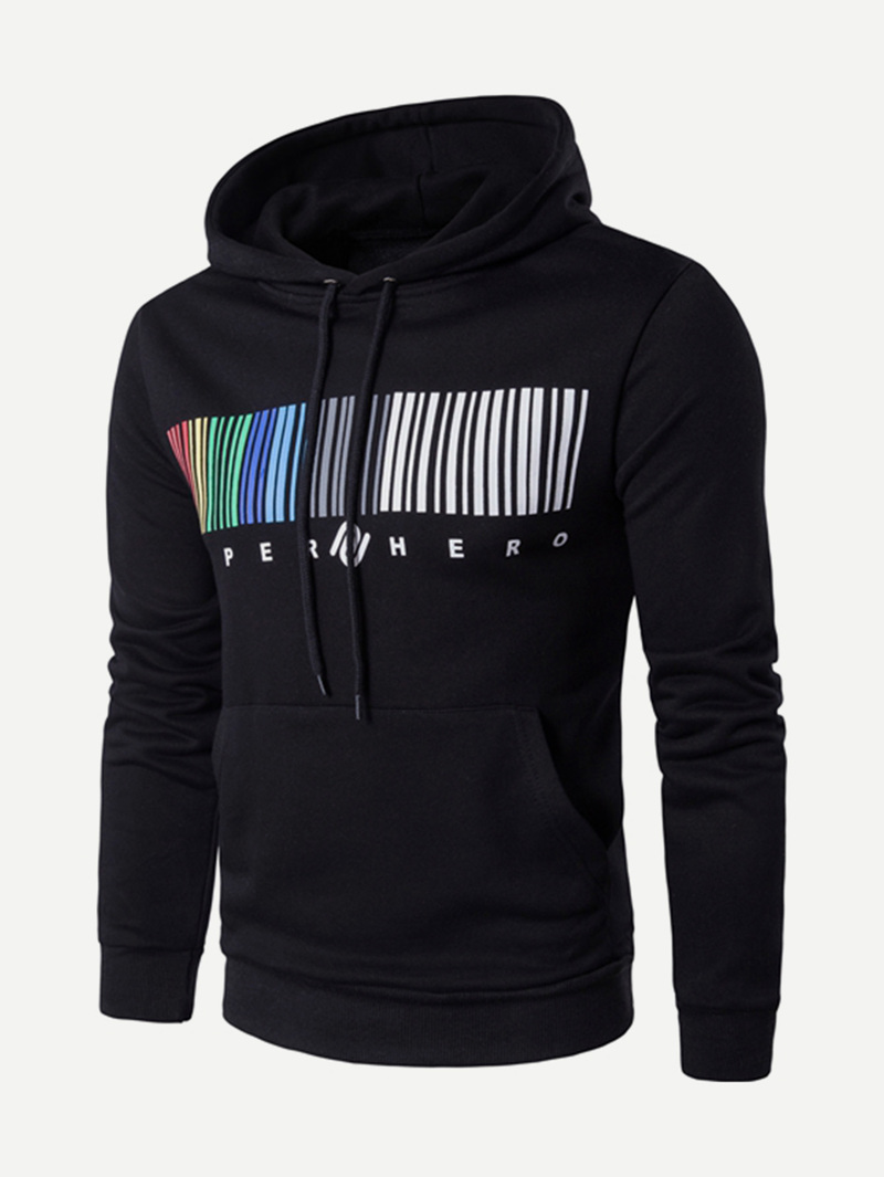 

Men Colorful QR Code Print Hooded Sweatshirt, Black