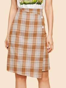 Plaid Wrap Button Skirt