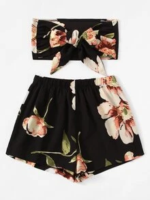 Floral Bow Tie Front Crop Top With Shorts - Multicolor - View 2
