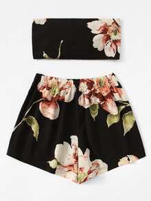Floral Bow Tie Front Crop Top With Shorts - Multicolor - View 5