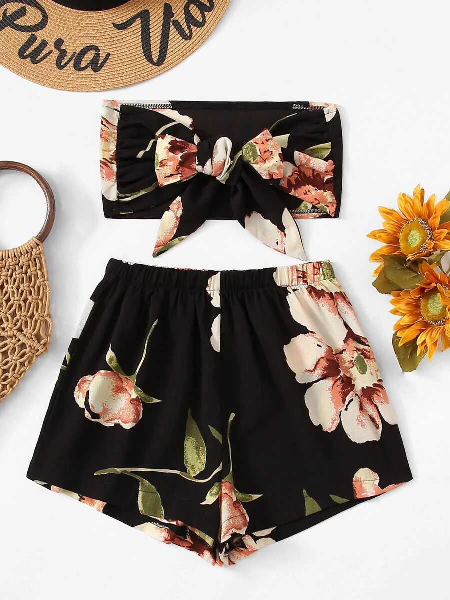 Floral Bow Tie Front Crop Top With Shorts - Multicolor - View 1