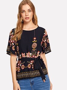 Tribal Print Flutter Sleeve Top