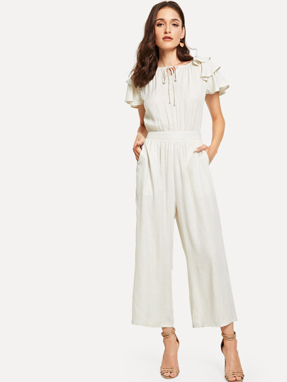 Tie Neck Layered Ruffle Sleeve Slant Pocket Jumpsuit pictures