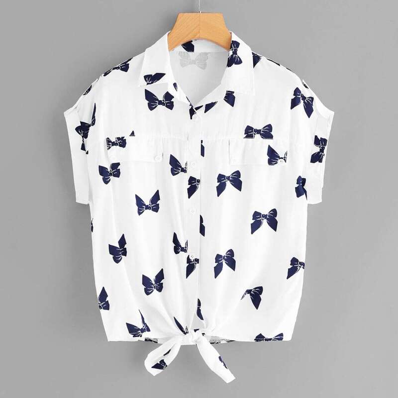 

Knotted Hem Bow Print Shirt, Multicolor