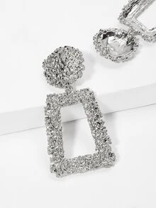 Open Rectangle Textured Drop Earrings 1pair - Silver - View 2