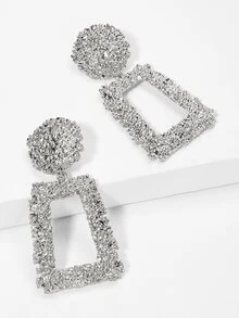 Open Rectangle Textured Drop Earrings 1pair - Silver - View 1
