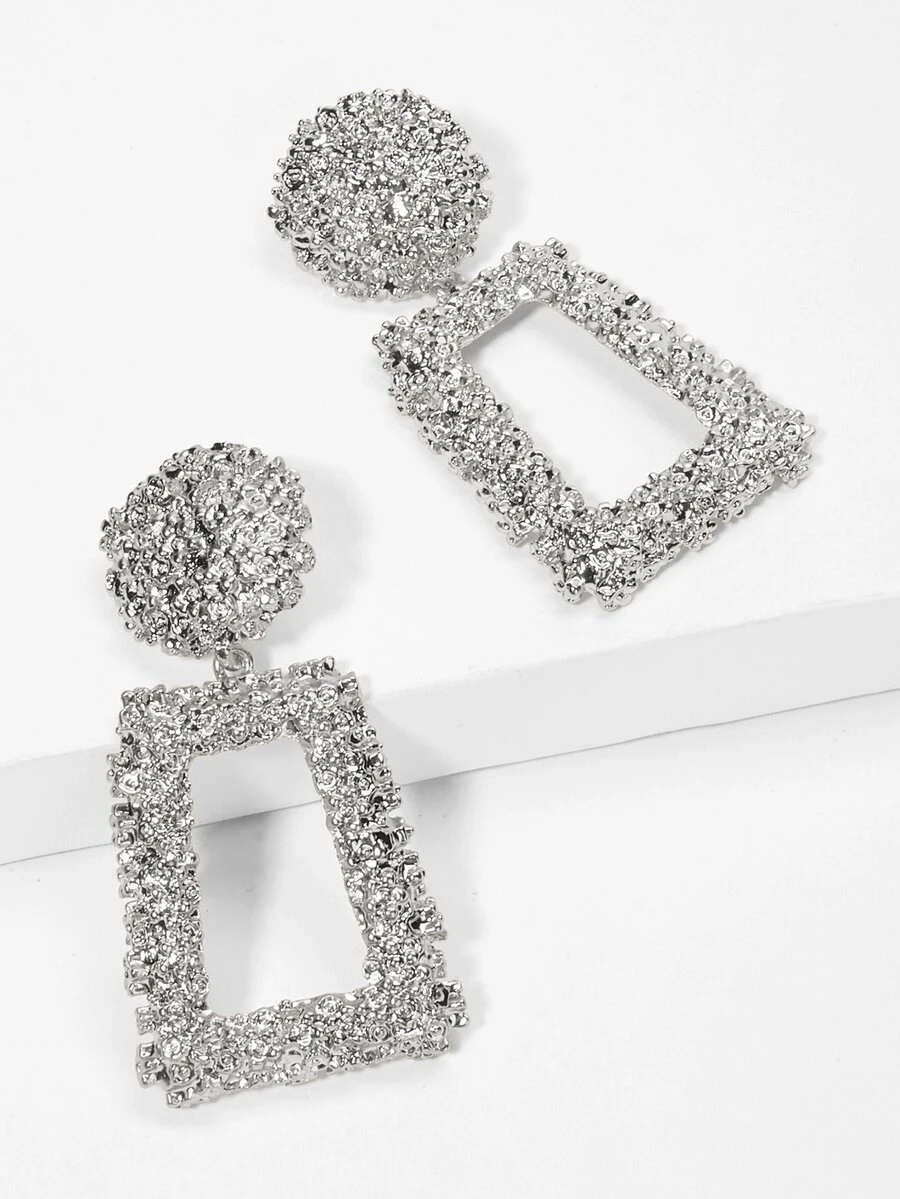 Open Rectangle Textured Drop Earrings 1pair - Silver - View 1
