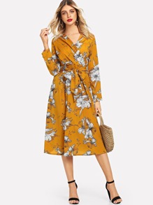 Flower Print Belt Wrap Dress