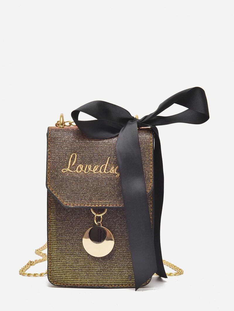 

Bow Detail Embroidery Chain Bag, Gold