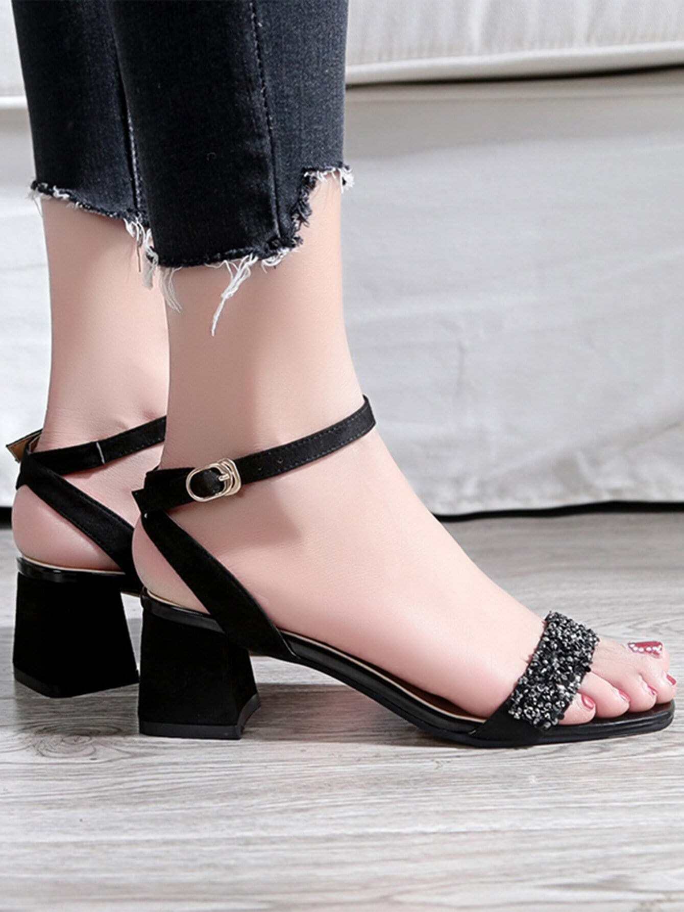 Sandalias Planas Negro Brillante Con Diamante Talón y del dedo del pie Post