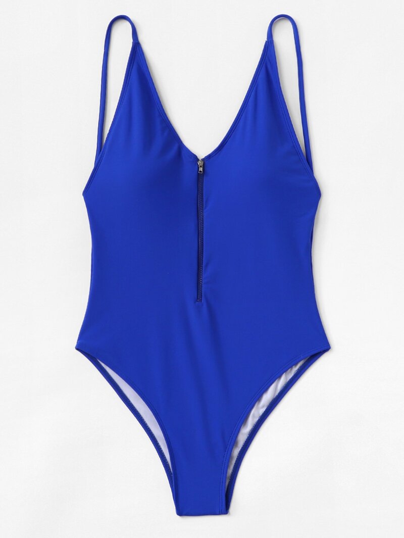 

Zipper Front Plain Swimsuit, Blue