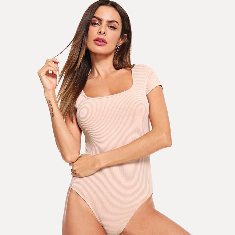 

Square Neck Rib-knit Tee Bodysuit, Baby pink