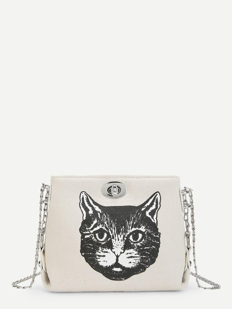 

Cat Pattern Chain Crossbody Bag, Beige