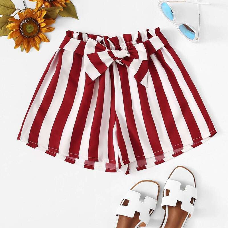 

Belted Detail Striped Shorts, Red