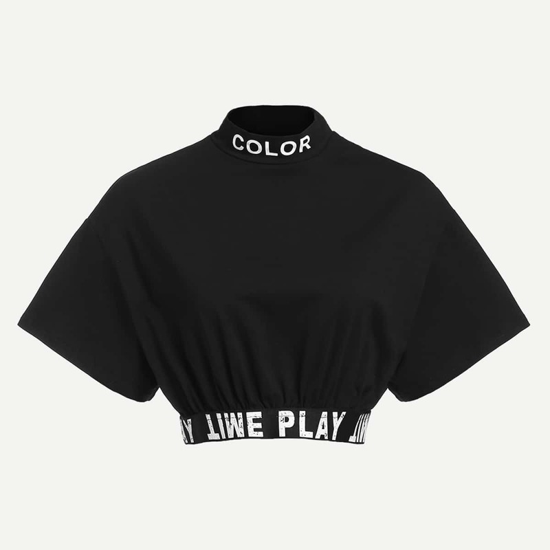

Slogan Print Crop Tee, Black
