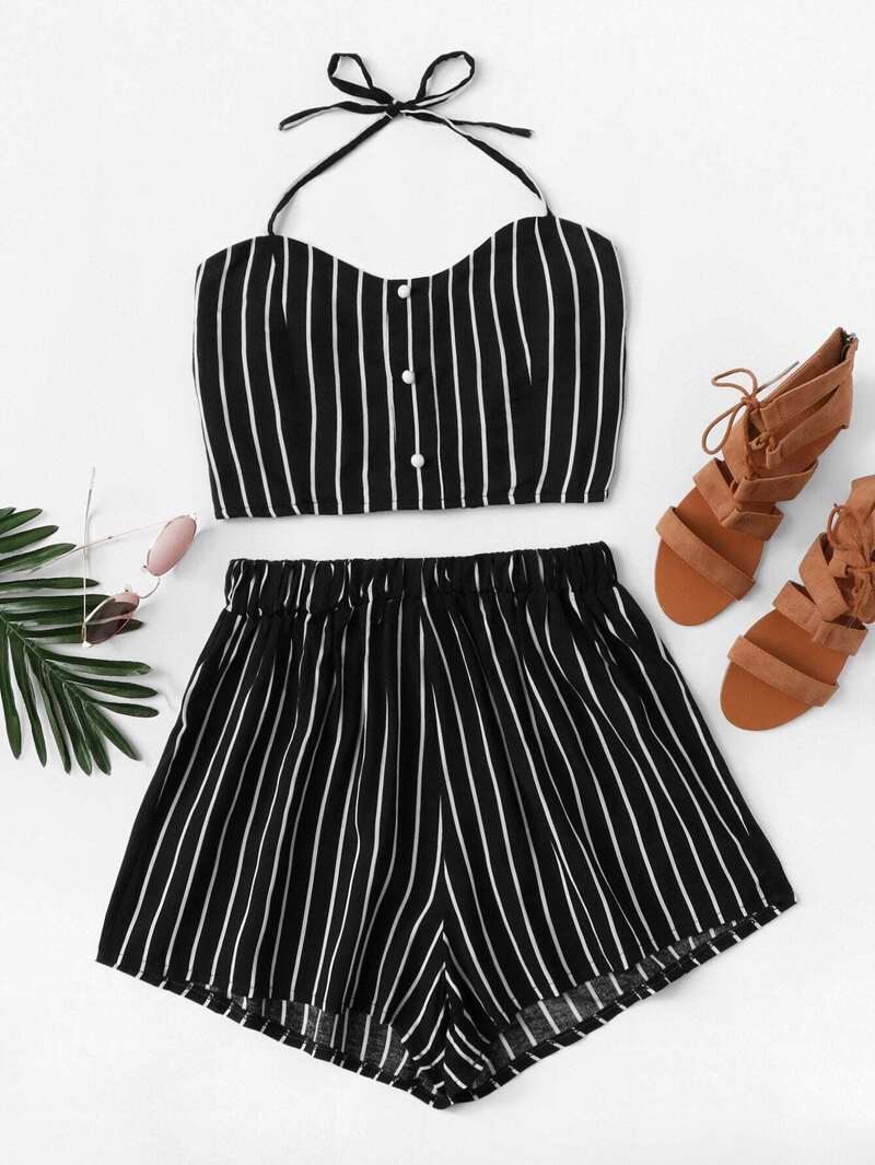 

Button Detail Striped Halter Top With Shorts, Black