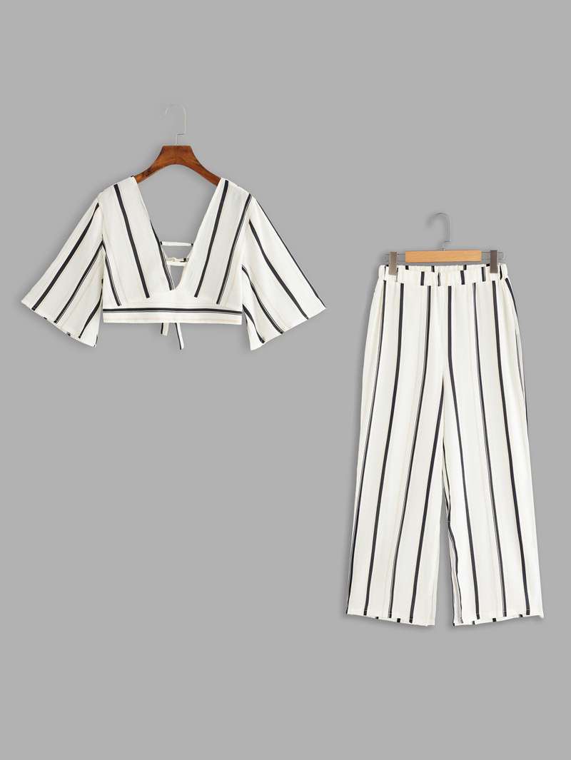 

Knot Back Striped Top With Pants, White