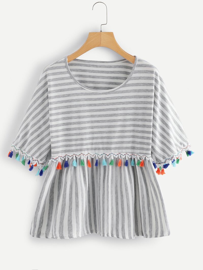

Fringe Trim Striped Blouse, Grey