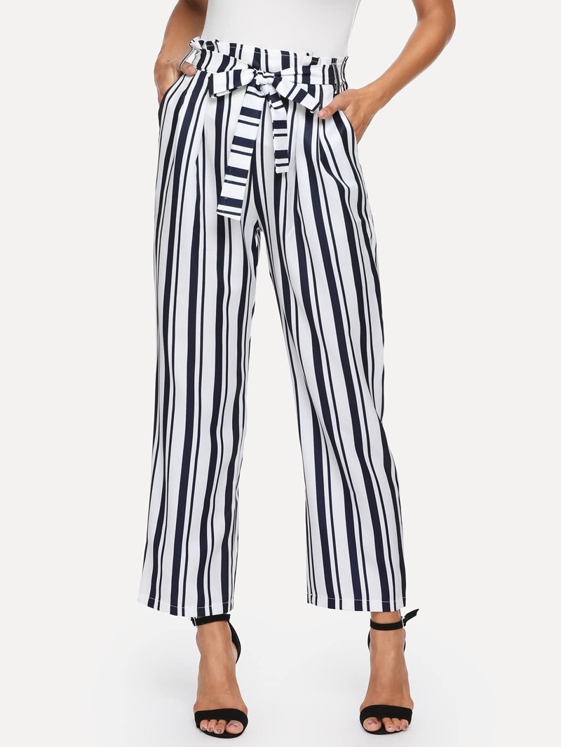 

Tie Waist Striped Wide Leg Pants, Black and white, Juliana