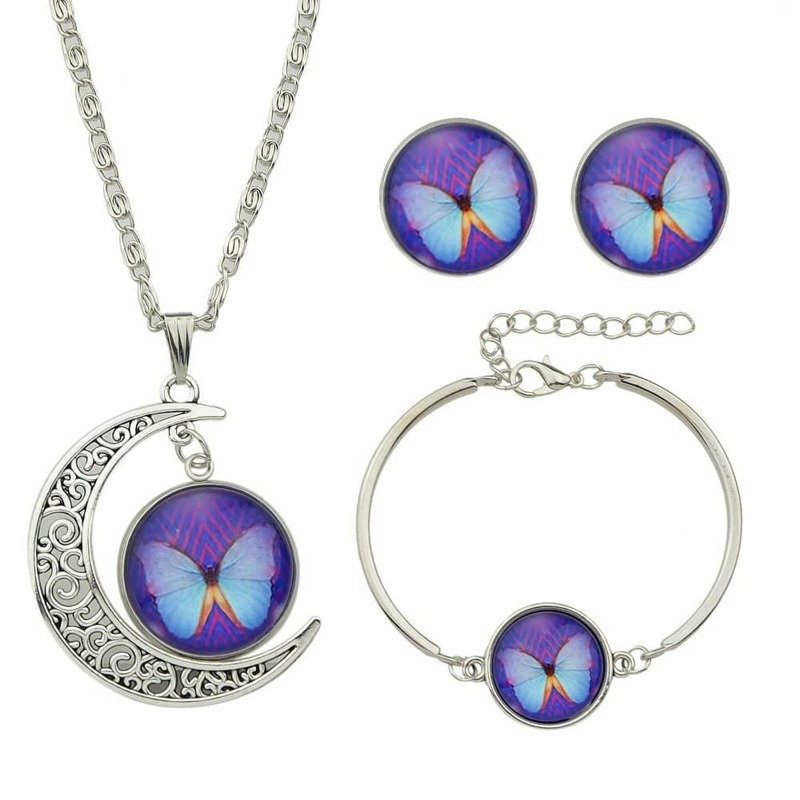 

Purple New Model Silver Color Butterfly Shape Necklace Earrings Bracelets Set