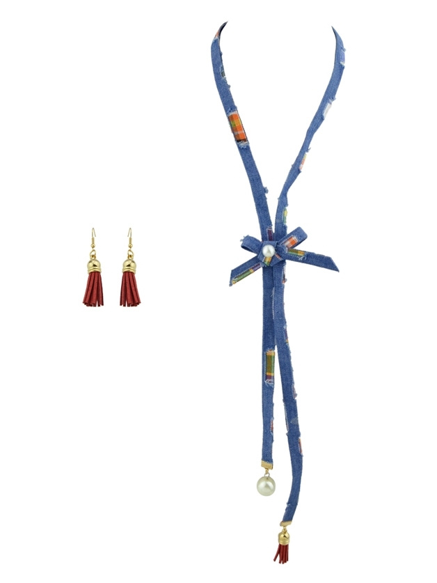 

Red Ethnic Denim Simulated Pearl Necklace Tassel Earrings Set