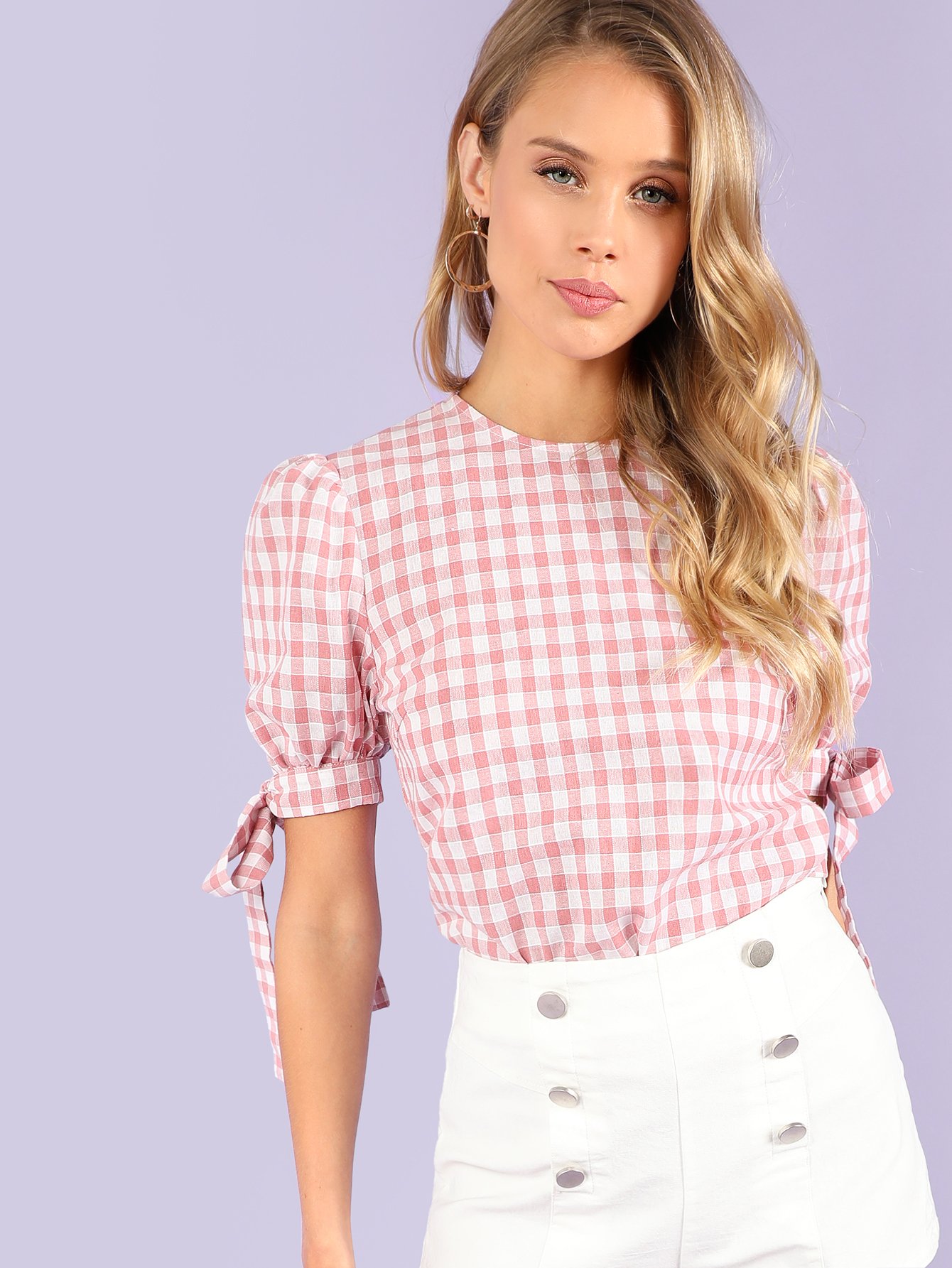 SHEIN Keyhole Back Tie Sleeve Gingham Top