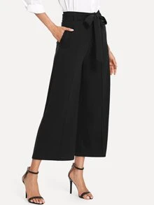 SHEIN Pantalones anchos tobilleros con lazo en la cintura y bolsillos