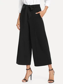SHEIN Pantalones anchos tobilleros con lazo en la cintura y bolsillos