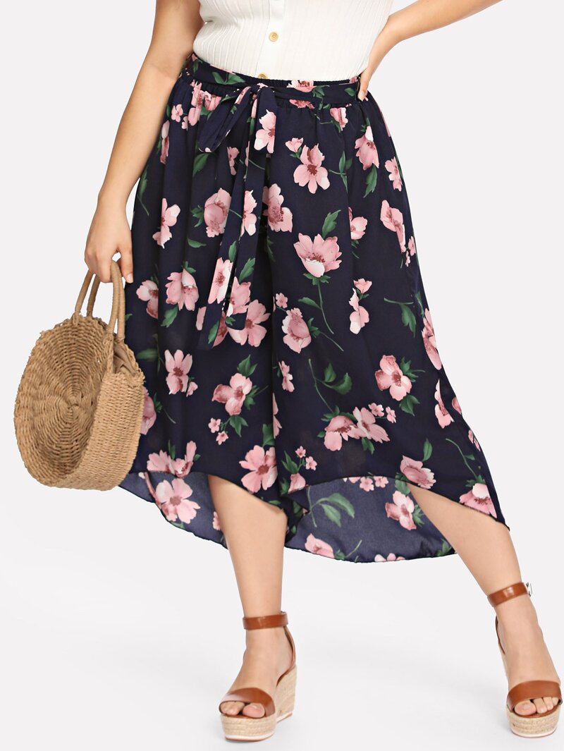 

Plus Floral Print Wide Leg Pants, Black, Carol