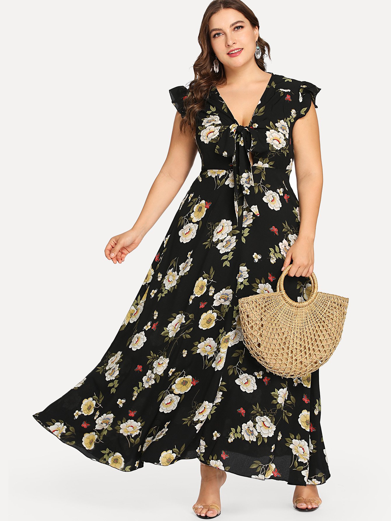 plus frilled shoulder knot plunging floral dress -shein(she