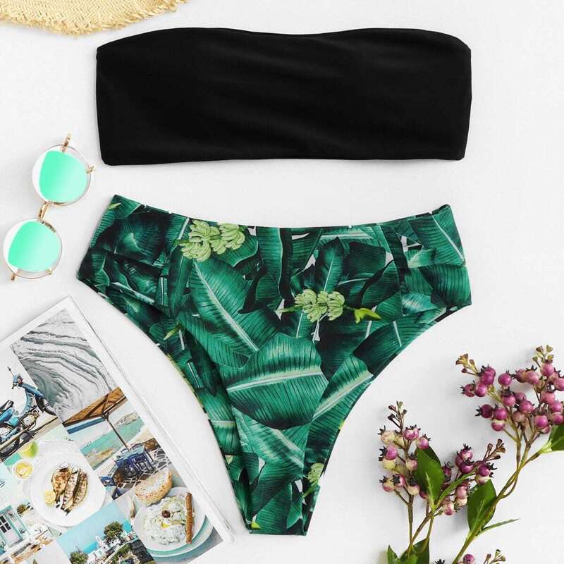 

Bandeau With Tropical Print High Leg Bikini Set, Multicolor