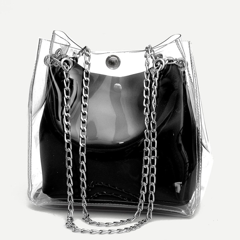 

Clear Chain Tote Bag With Inner Pouch, Black